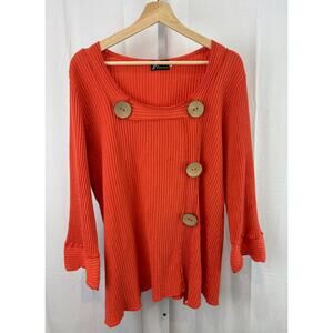 FENINI XL Pullover Waffle Knit Top Square Neck 3/4 Sleeve Buttons Cotton Orange